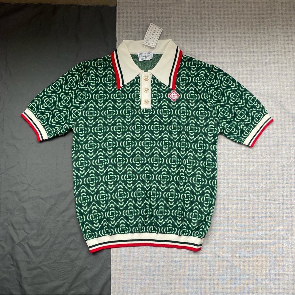 Green Patterned Polo Shirt With Contrast Collar
